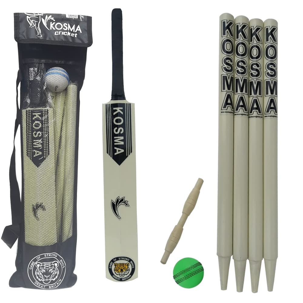 Kosma Set da Cricket Junior 8 Pezzi in Legno: Mazza Taglia 3-29", Palla, Wicket con Cauzioni, Borsa Trasporto