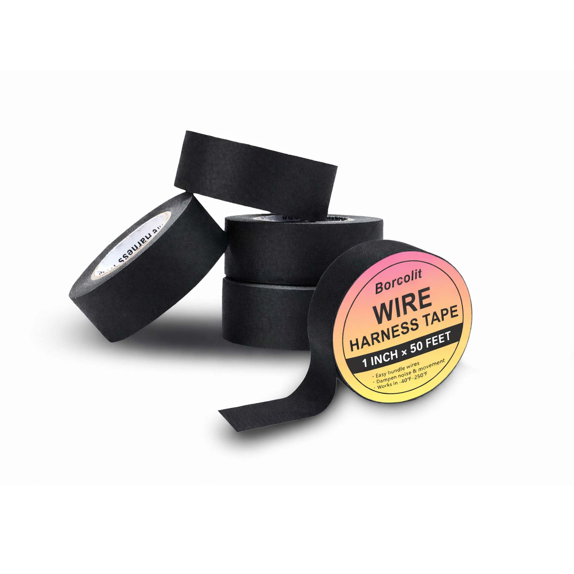 Borcolit High Temp Self-Adhesive Wiring Harness Tape Durable Automotive Electrical Protection Tape Noise Damping Easy Application 1" x 50 ft 5 Rolls（