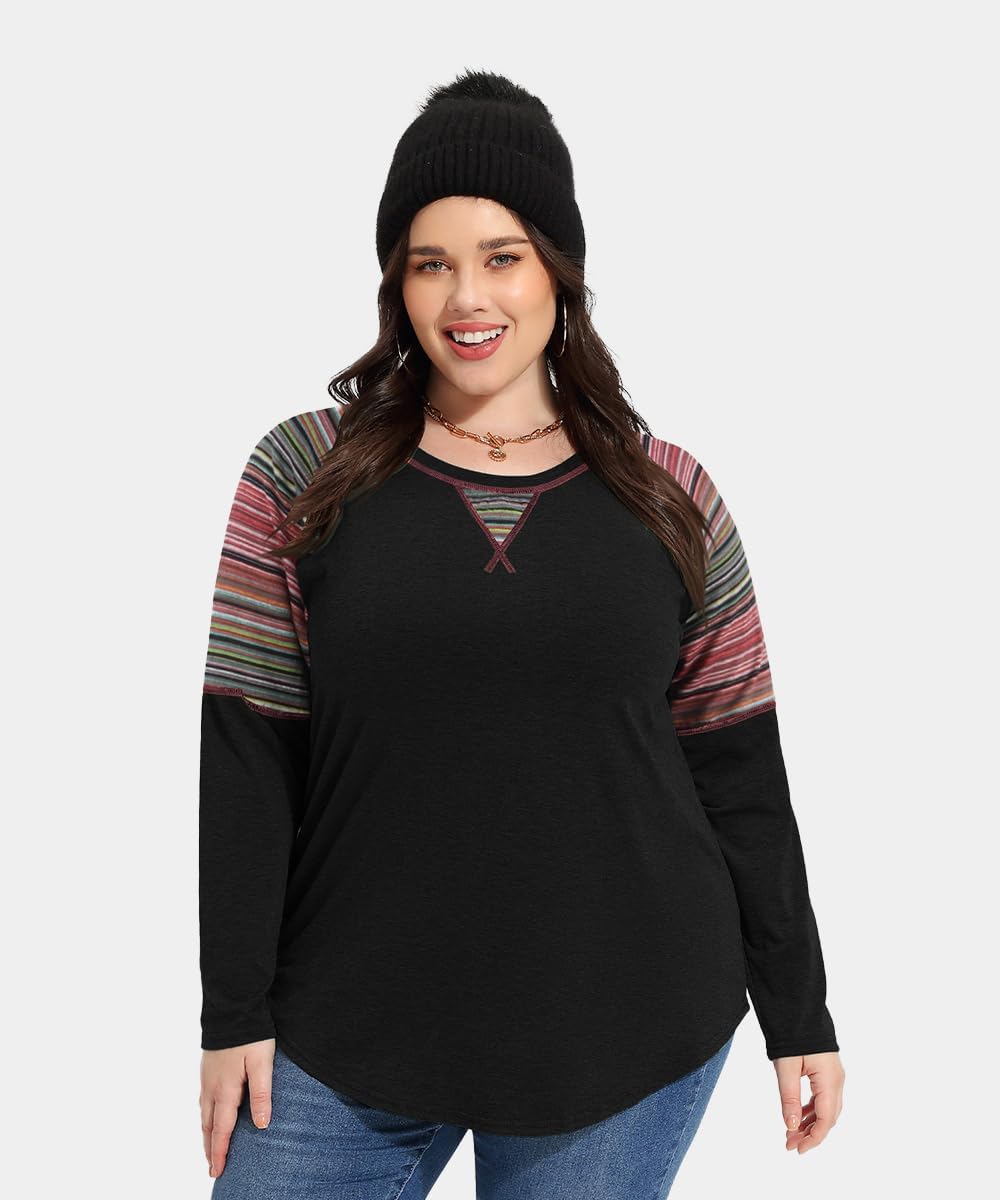 TIYOMI Plus Size T Shirt Tunic Tee Long Sleeved t Shirt Round Neck Raglan Color Block Tshirt Colorful Fall Autumn Winter Tee - Image 3