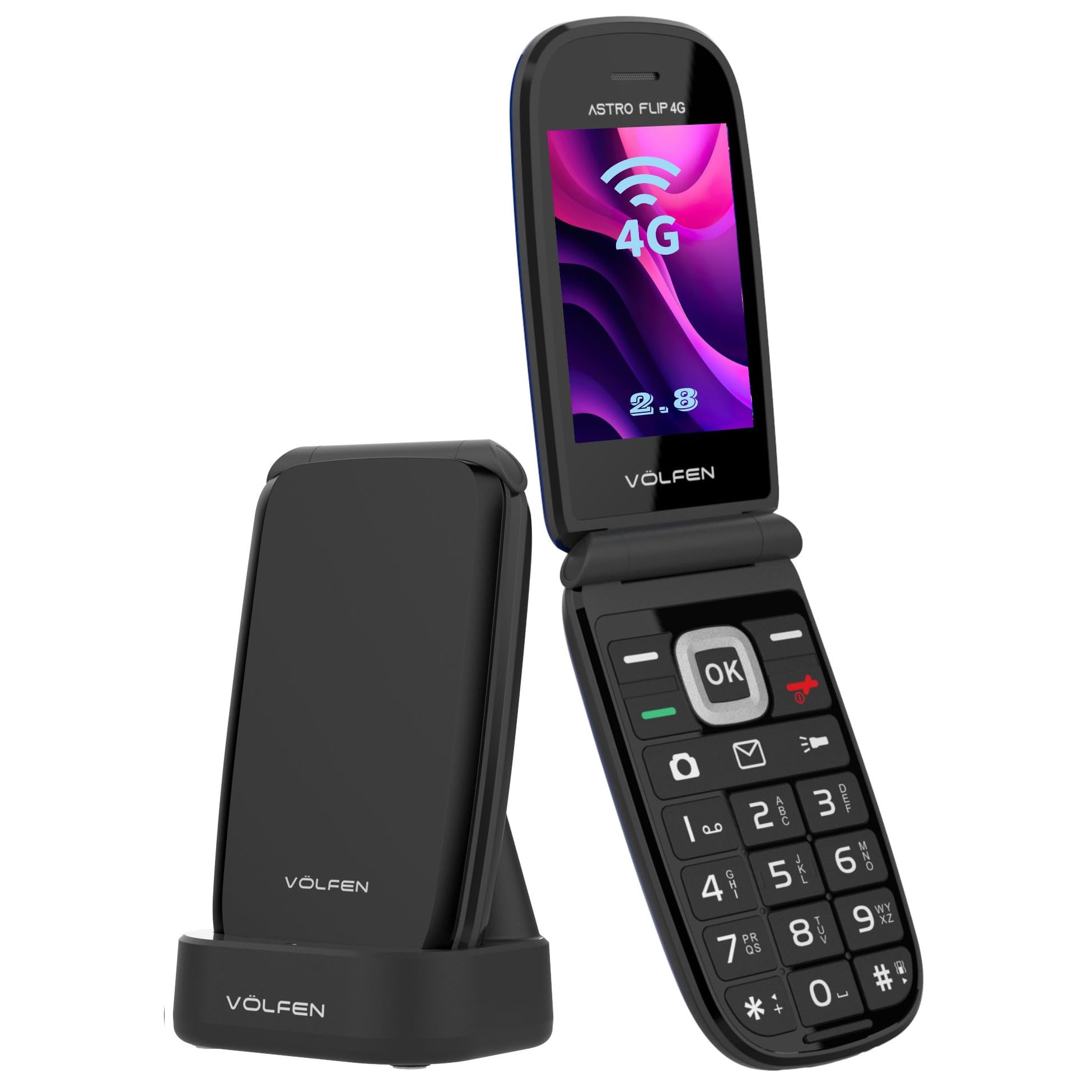 Astro Flip 4G - Teléfono Móvil para Personas Mayores con Tapa, Teclas Grandes y Pantalla XXL de 2,8”, Botón SOS, Fácil De Usar, Base de Carga USB-C, Doble SIM (Negro)