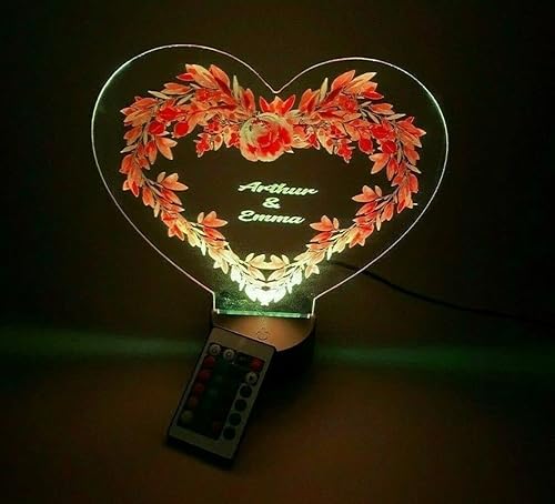 Miniatura 3 de MIRROR MANIA Heart with Flowers UV Printed Couples Night Light Up Table Lamp LED Personalized Free Engraved Names Dates Words Made to Order Custom