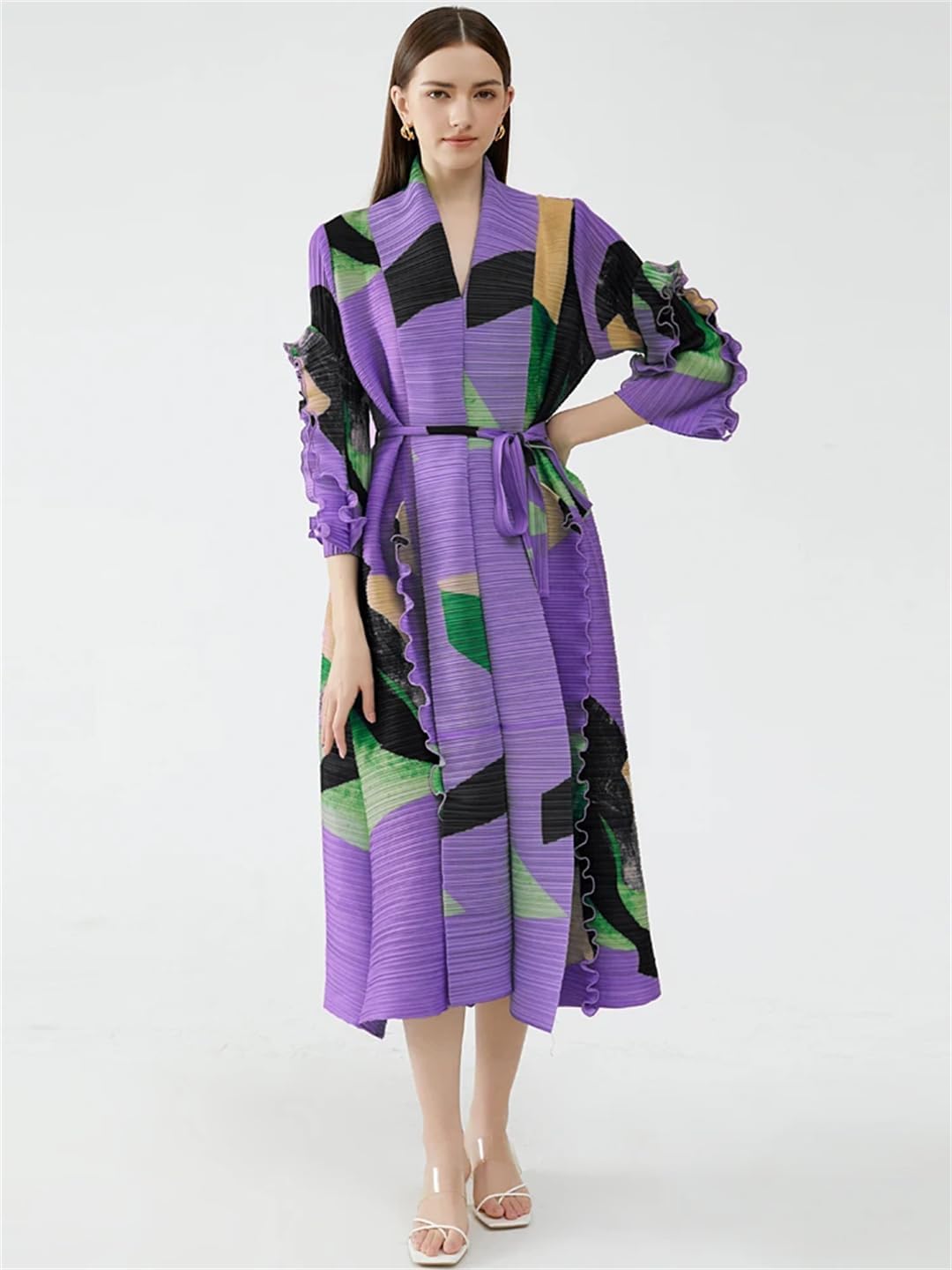 Women Printed Pleated Turn-Down Collar Petal Sleeve Belt Plus Size Dresses