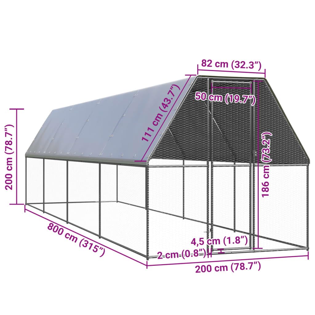 Zewnętrzna klatka dla kur, wykonana z ocynkowanej stali, 2 x 8 x 2 m, wybieg dla królików, domku dla świnek morskich, domku dla gryzoni, ogrodu, na balkon i na zewnątrz z zamkiem