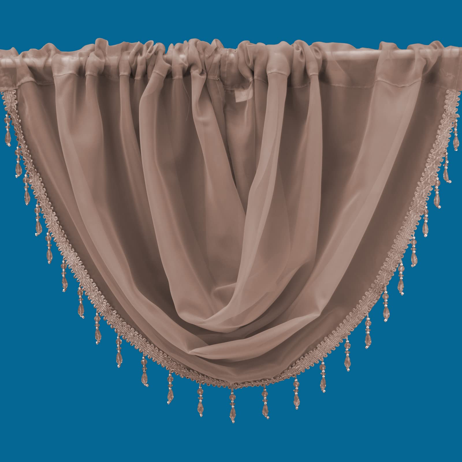Plain Beaded Voile Swags Net Curtains Voile Swag Valance Pelmet (Sand)
