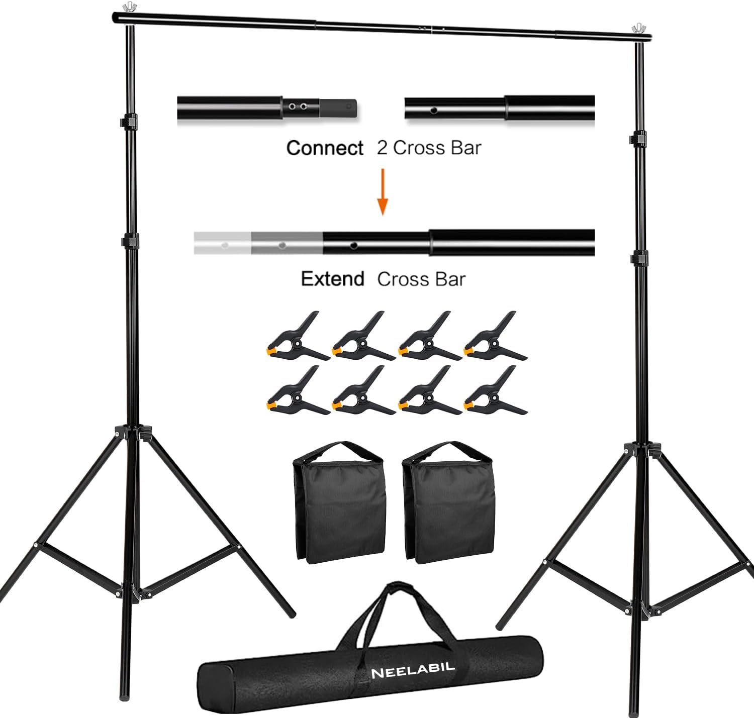 Neelabil Video Studio Heavy Duty Adjustable Muslin Backdrop Stand Background Support System Kit 10x7Ft (WxH) Adjustable Background Stand Backdrop Support System Kit with Carry Bag