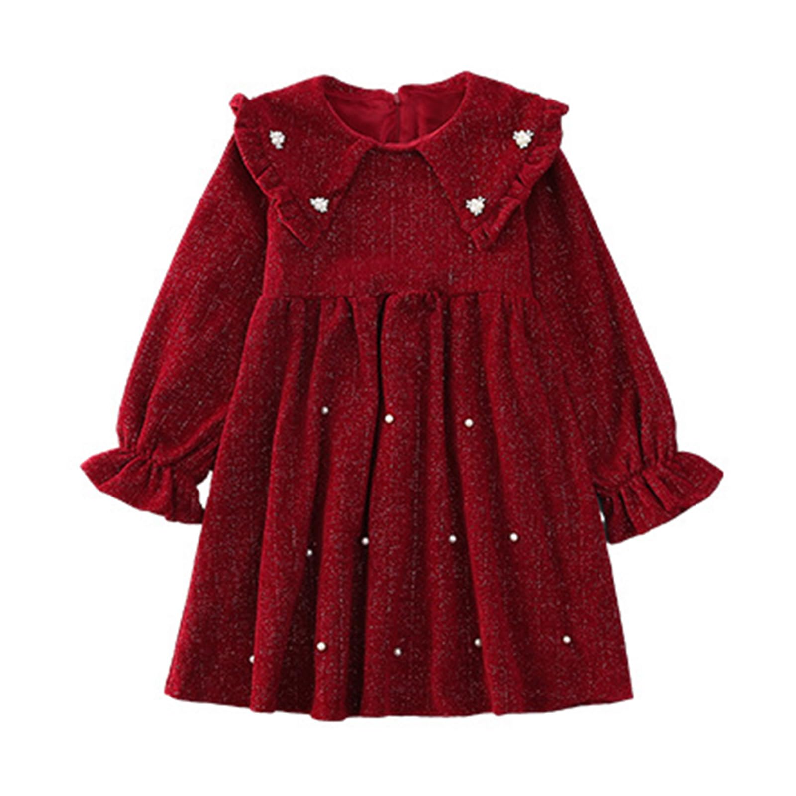 Robes À Manches Longues pour Filles en Velours Côtelé avec Revers Épais Décoration De Perles Ligne A Robe d'automne Et d'hiver pour Enfants,Rouge,L
