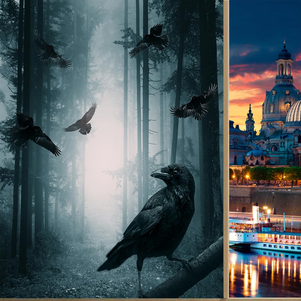 Coalho Foggy Forest Privacy Blackout Window Film Crow Pattern Mystical Horror Gothic Misty Forest Night Reusable Self Adhesive Insulated Window Stickers,45W X60l(Cm) X1pcs