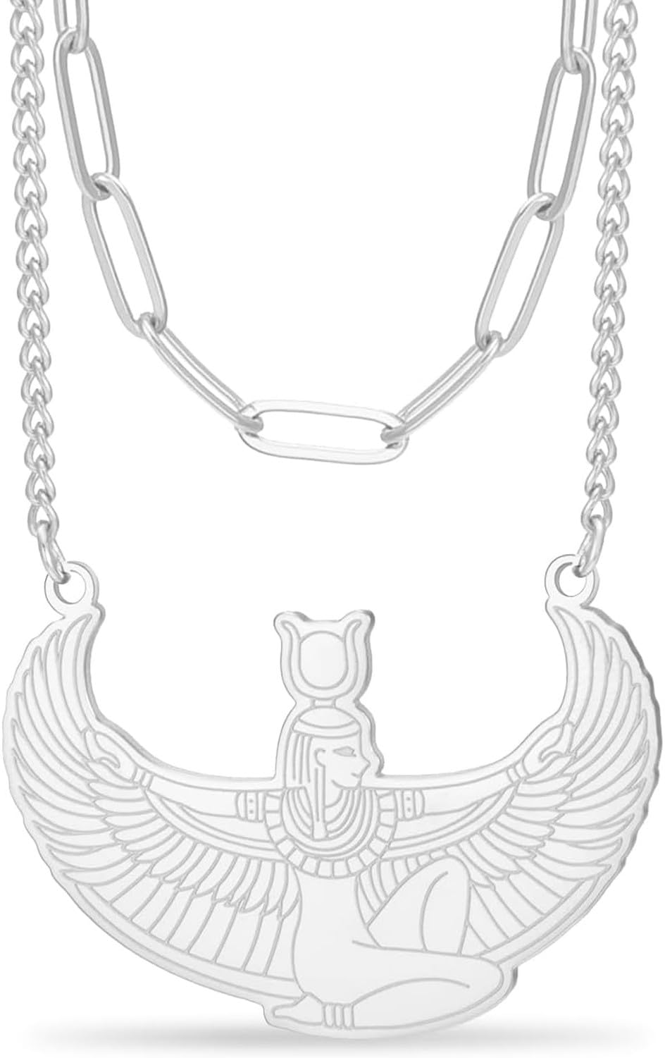 Faozhuo Egyptian Goddess Isis Necklace Winged Deity Pendant for Women Men Stainless Steel Ancient Egypt Greek Protection Amulet Mythology Jewelry, Silver 2