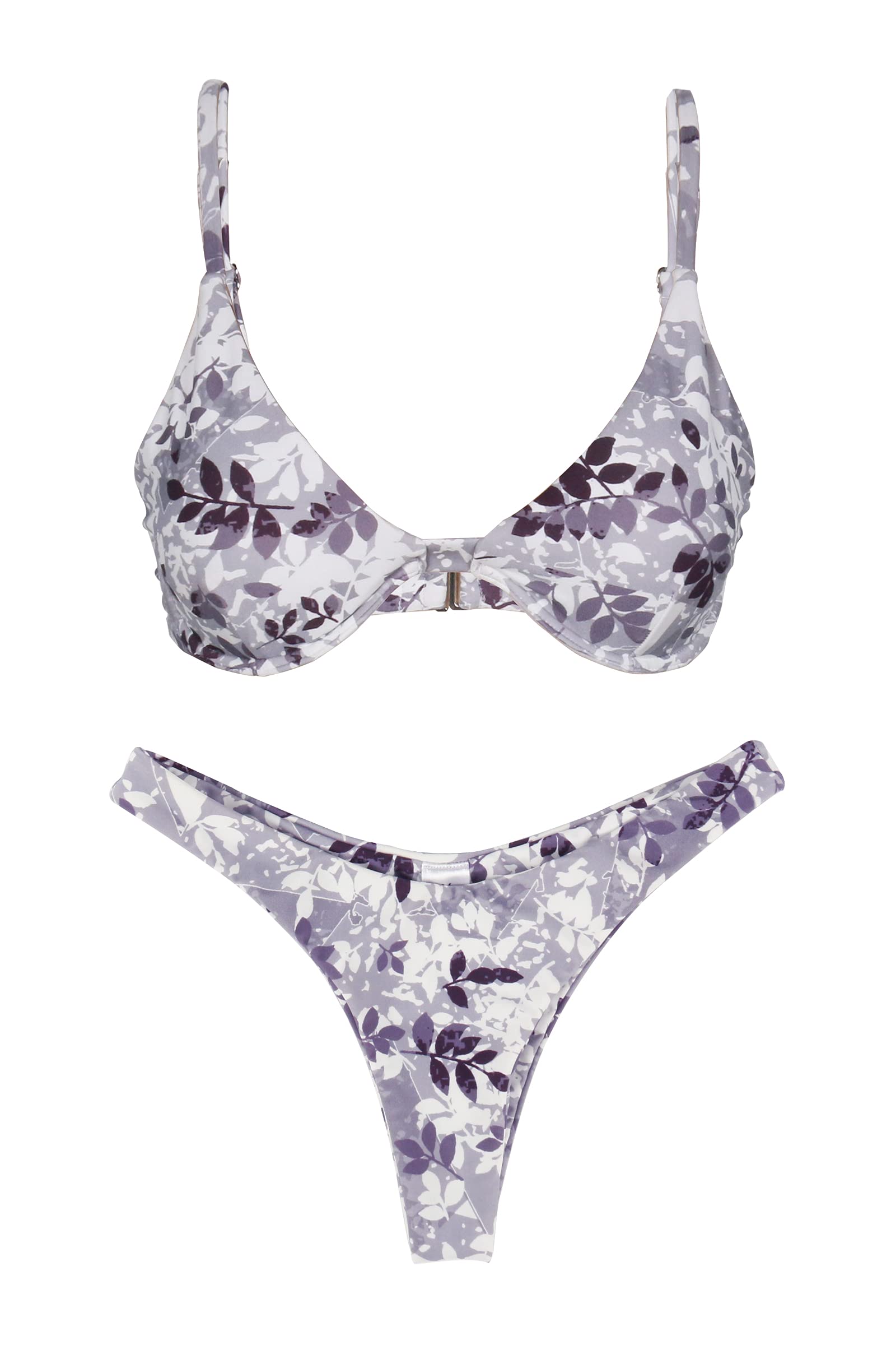 Womens High Cut Underwire Bikini Set Thong Trendy Bikinis High Waisted Floral Triangle Push Up 2 Piece Bathing Suits