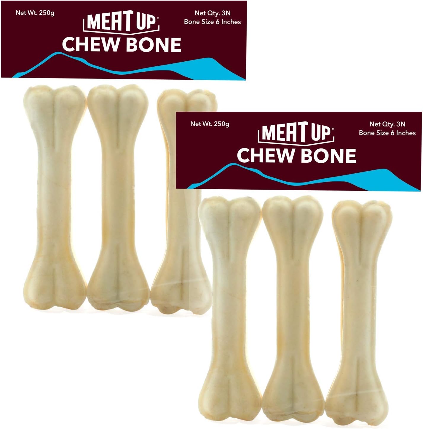 Meat Up Chew Bone,Dog Treat,500 Gm ( 2 x 250 Gm ) | 6 Inch Bones, 100% Edible, Reduce Tartar & Plaque, Promotes Dental Health, Long-Lasting & Durable