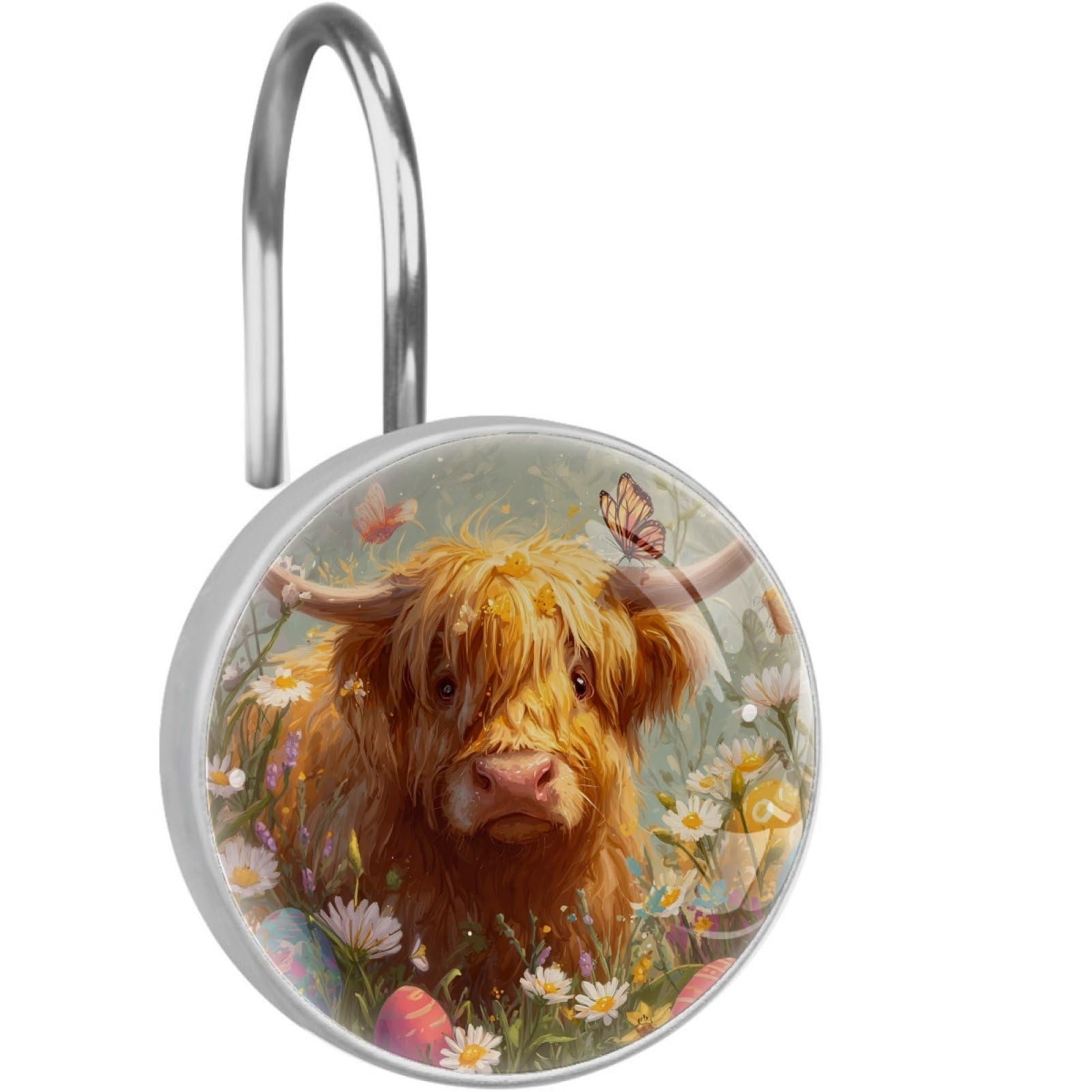 VAPOKF Shower Curtain Hooks, Easter Highland Cattle Rust Proof Decorative Shower Curtain Rings, Modern Farmhouse Designer Shower Curtain Hangers for Bathroom, 12Pcs
