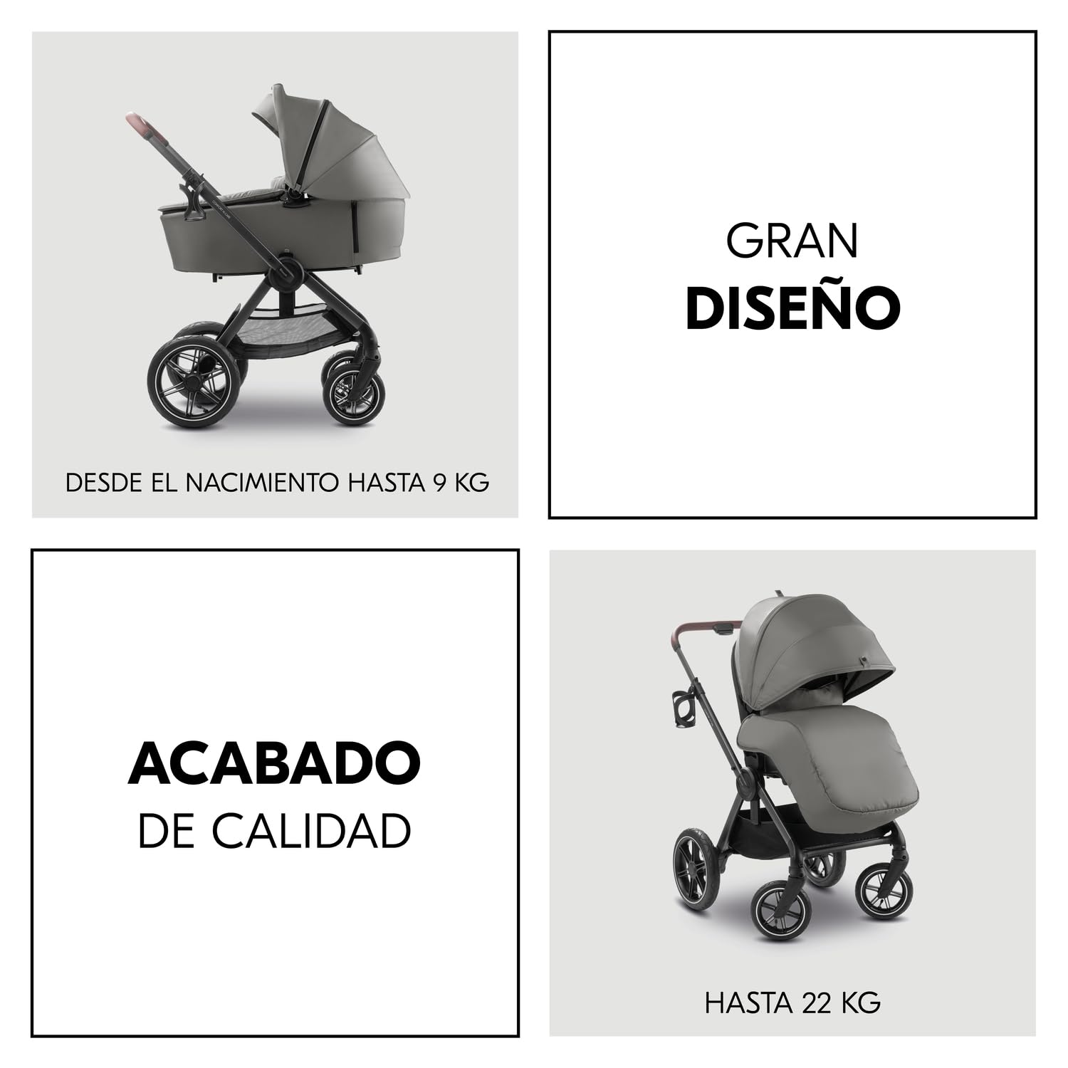 hauck Comfort N Care Air Set Cochecito 2in1 | Carrito Bebé desde Nacimiento hasta 22 kg - Capazo XL - Ruedas de Aire con Suspensión - Silla de Paseo Ligera Reversible y Reclinable - Adaptador - Moca