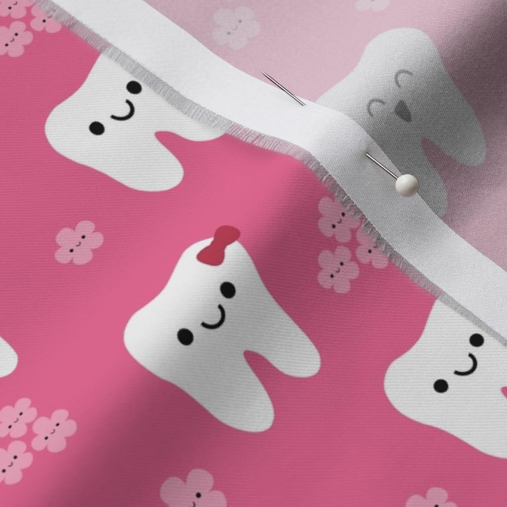 Spoonflower Fabric - Happy Teeth Flowers Tooth Dental Dentist Cute Kawaii Printed on Organic Cotton Sateen Fabric by The Yard - Sewing Quilting Apparel Home Decor