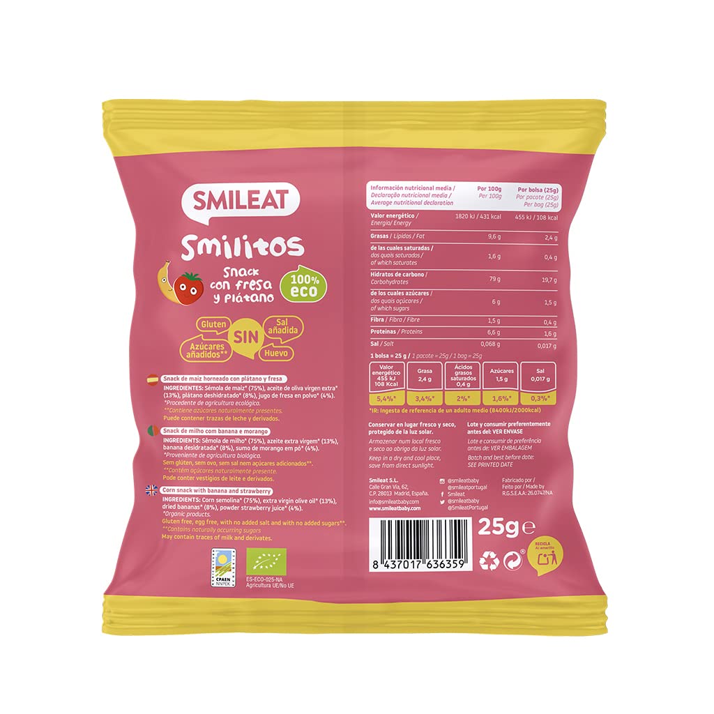 Smileat Bolsas de Snacks Ecológicos de Maíz Fresa y Plátano Pack 12 x 25g