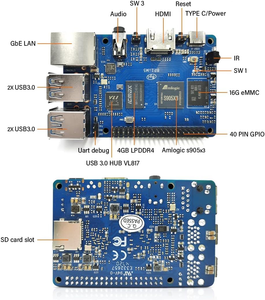 WayPonDEV Banana Pi M5 - Ordenador monoplaca con procesador Amlogic S905X3 Quad-Core Cortex-A55 de 2,0 GHz, 4 GB de RAM + 16 GB LPDDR4, compatible con sistema operativo Linux Android (con Iron Case