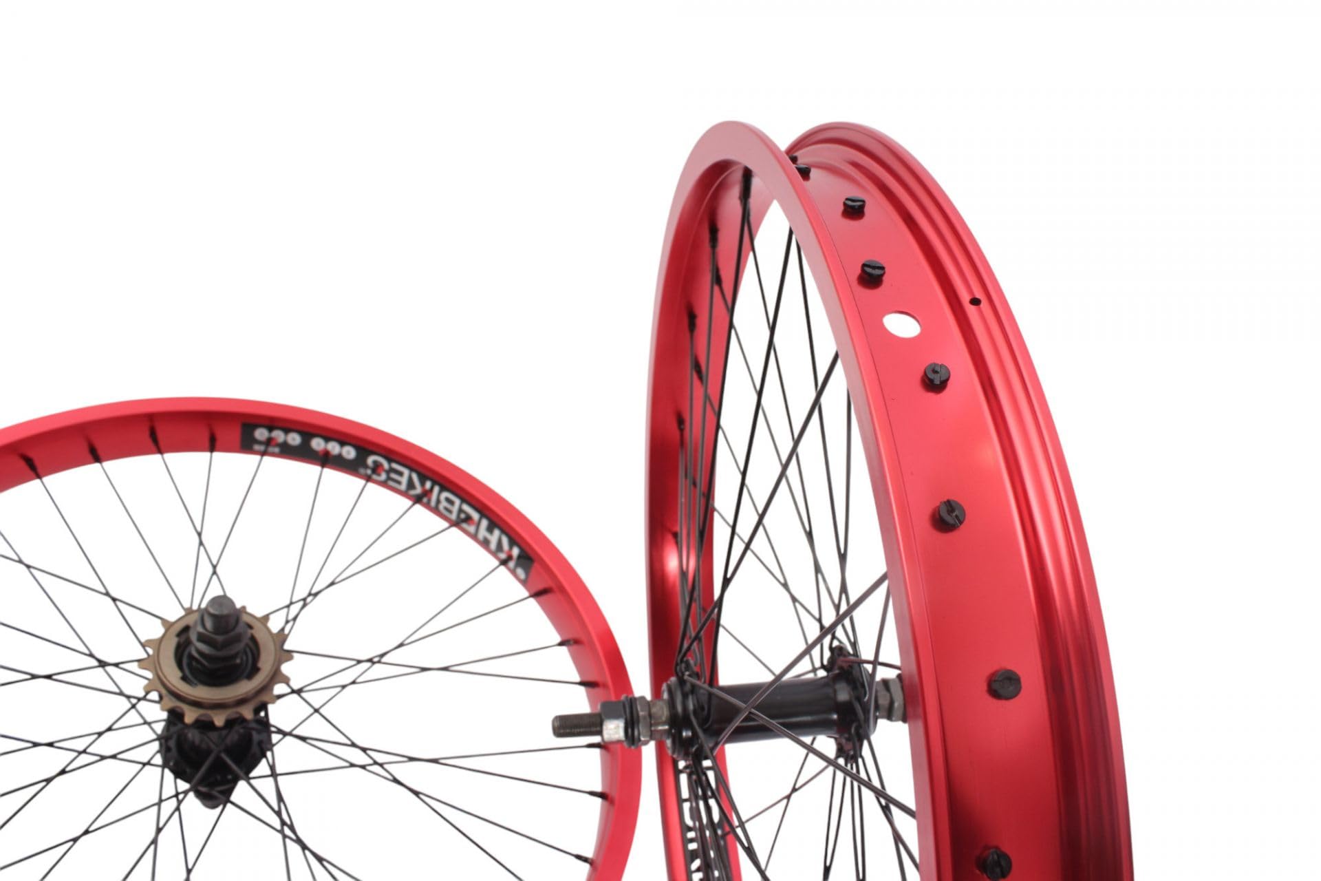 KHE Prism BMX 20 cali zestaw kółek, szerokość 38 mm, aluminium 7005, czerwone anodowane, z zębatką 16T