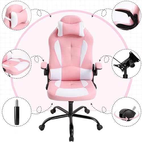 Miniatura 6 de Silla de escritorio ergonómica para videojuegos, de piel sintética, con reposacabezas y reposabrazos, Cuero falso, Rosado