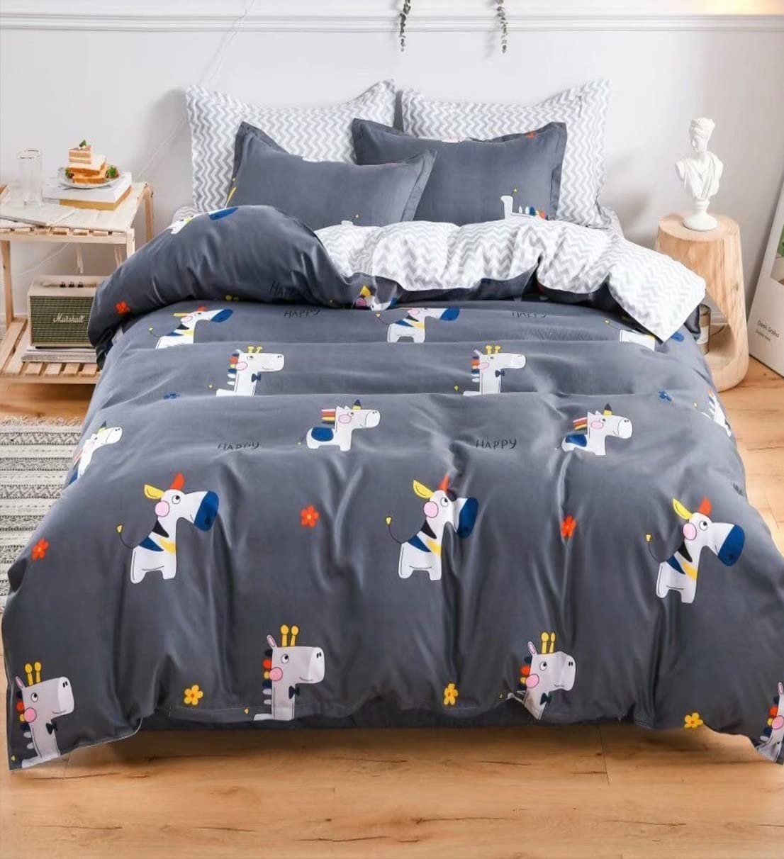 Soft Cotton Feel Kids Cartoon Print Double Bed King Size Bedsheet with 2 Pillow Covers 90x100 inches | 230 x 245 cms (Double 90x100, Grey Animal)