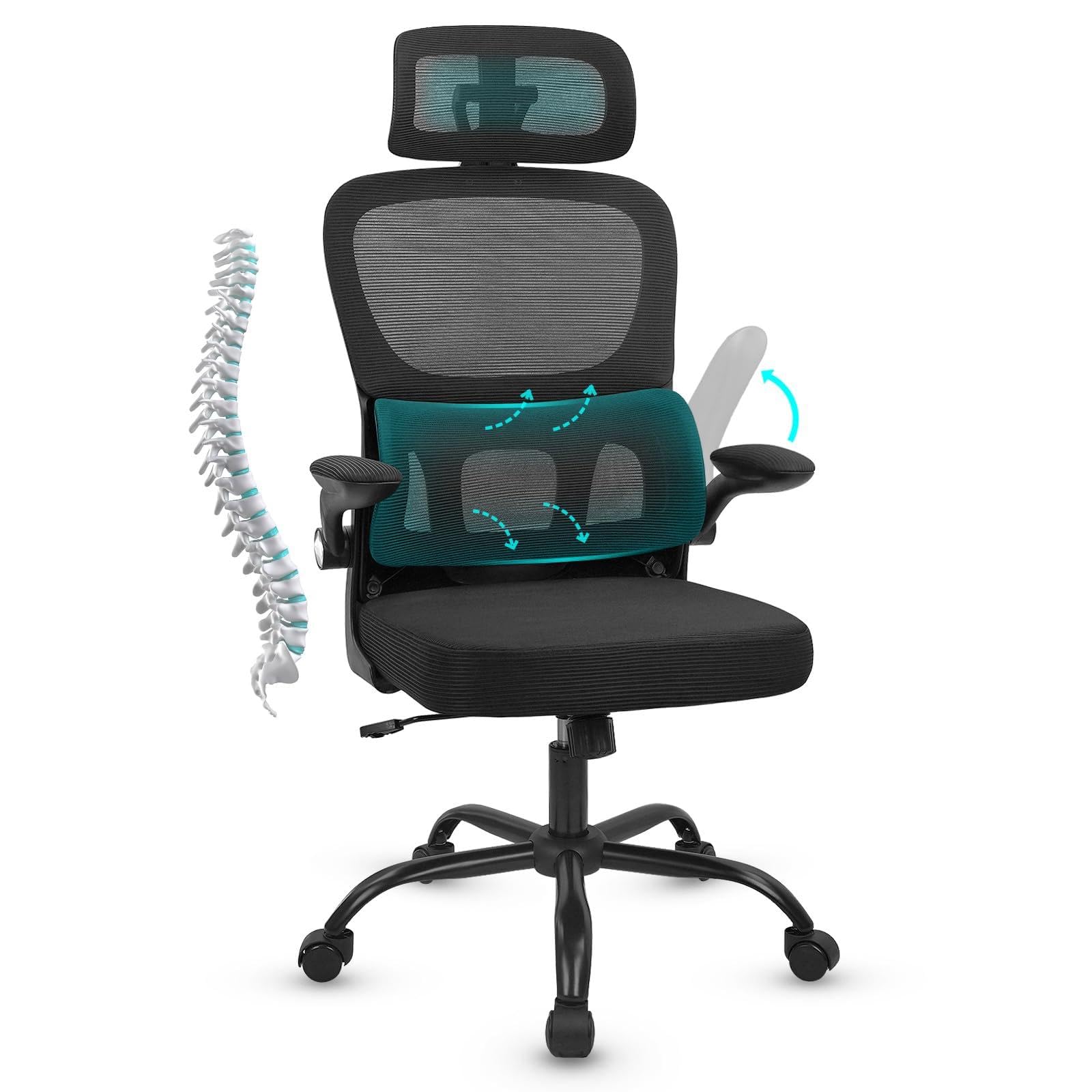 CLATINA Ergonomic Office Desk Chair with Adjustable Headrest and Lumbar Support, Flip-Up Arms High Back Swivel Rolling Mesh Computer Executive Chairs with Wheels for Home Task Conference Room, Black