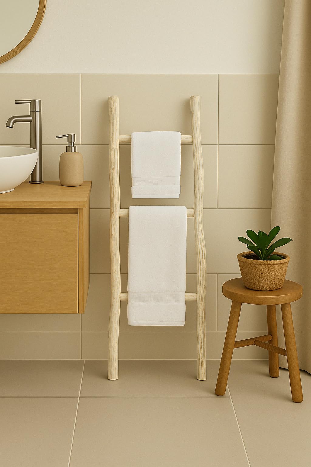 Biscottini Escalera toallero baño 108 x 32 x 3 – Escalera decorativa de madera – Toallero de bambú