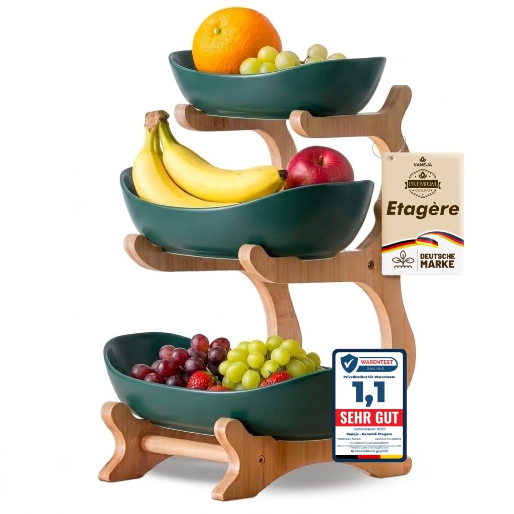 VANEJA® Obst Etagere 3 stöckig DUNKELGRÜN KERAMIK mit Bambusständer, Servierständer für Obst Snacks Gebäck, eleganter Schalenständer Obstschale modern für Küche und Wohnzimmer