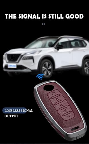 Miniatura 7 de ontto Funda de llave de 5 botones para Nissan 2023 2024, protector de llave de metal y cuero, carcasa para llavero para Rogue Pathfinder X-Trail