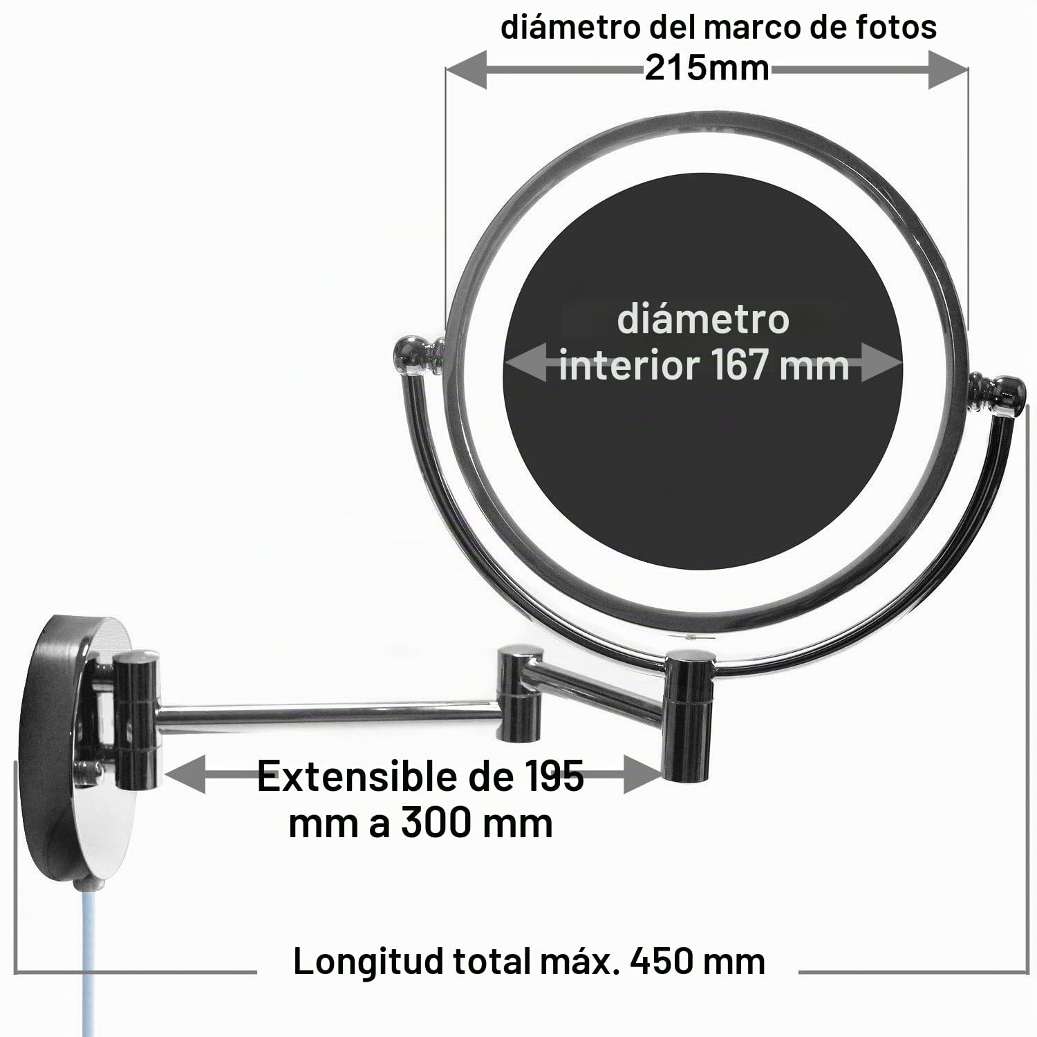 LED Cosmética Espejo 8,5 Pulgadas 10x Aumentos, Maquillar Espejo de Pared con Luz y Brazo Articulado, Enchufe Español, Plegable Espejos Cara Doble: Estándar + 10x Aumentos. KXD3129-10x