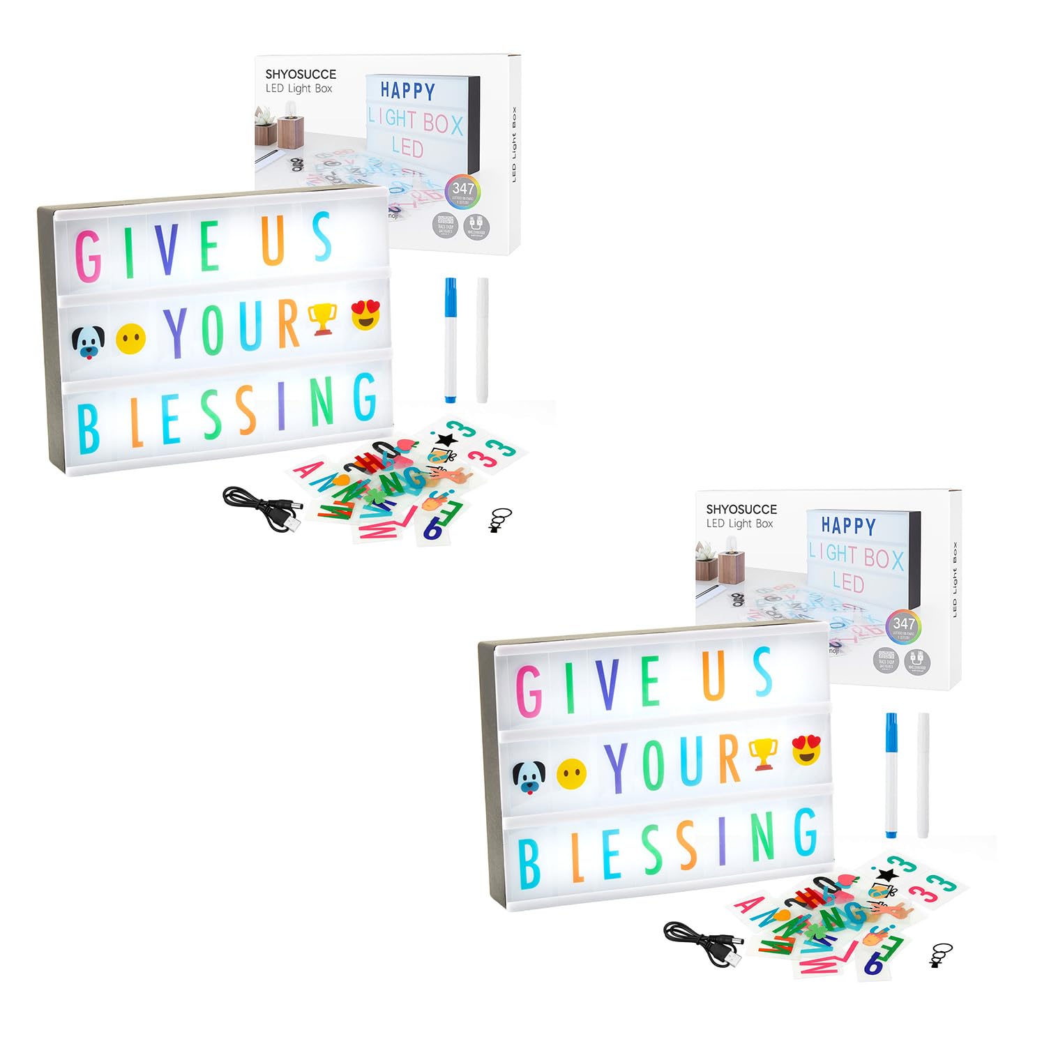 LED Light Box Cinema Style Message Board with 180Letters+85 Emojis+81 Transparent Cards +2 Markers Vintage Home Decor for Bedroom, Party, Wedding - Creative Gift for Kids, Teens, Adults (Black 2pcs)