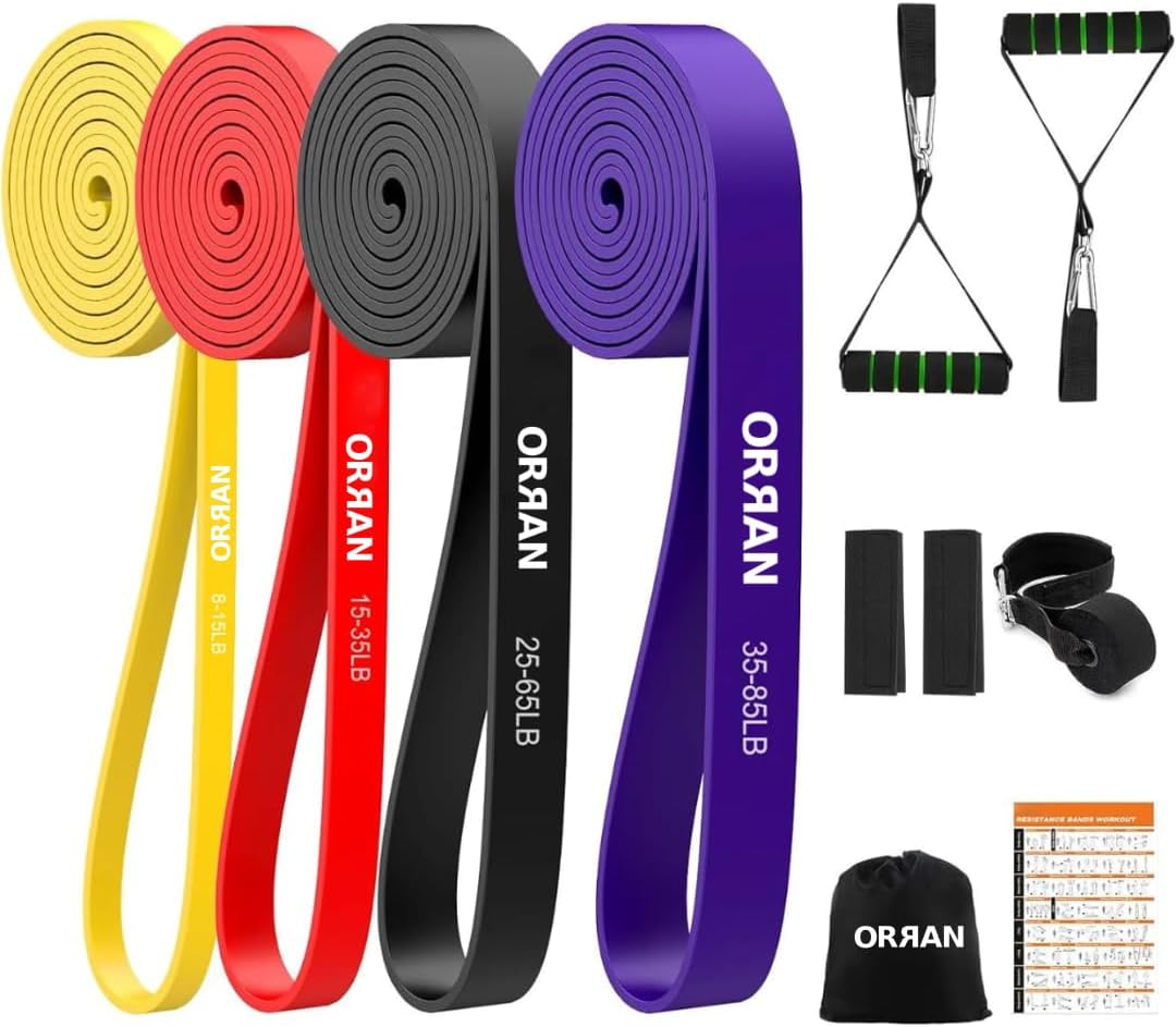 – Pull Up Assist Resistance Band Set - 4 Loop Workout Bands With Handles, Door Anchor and Ankle Straps - Stretch, Mobility, Powerlifting, Strenght Training, Home and Gym Exercise Bands
