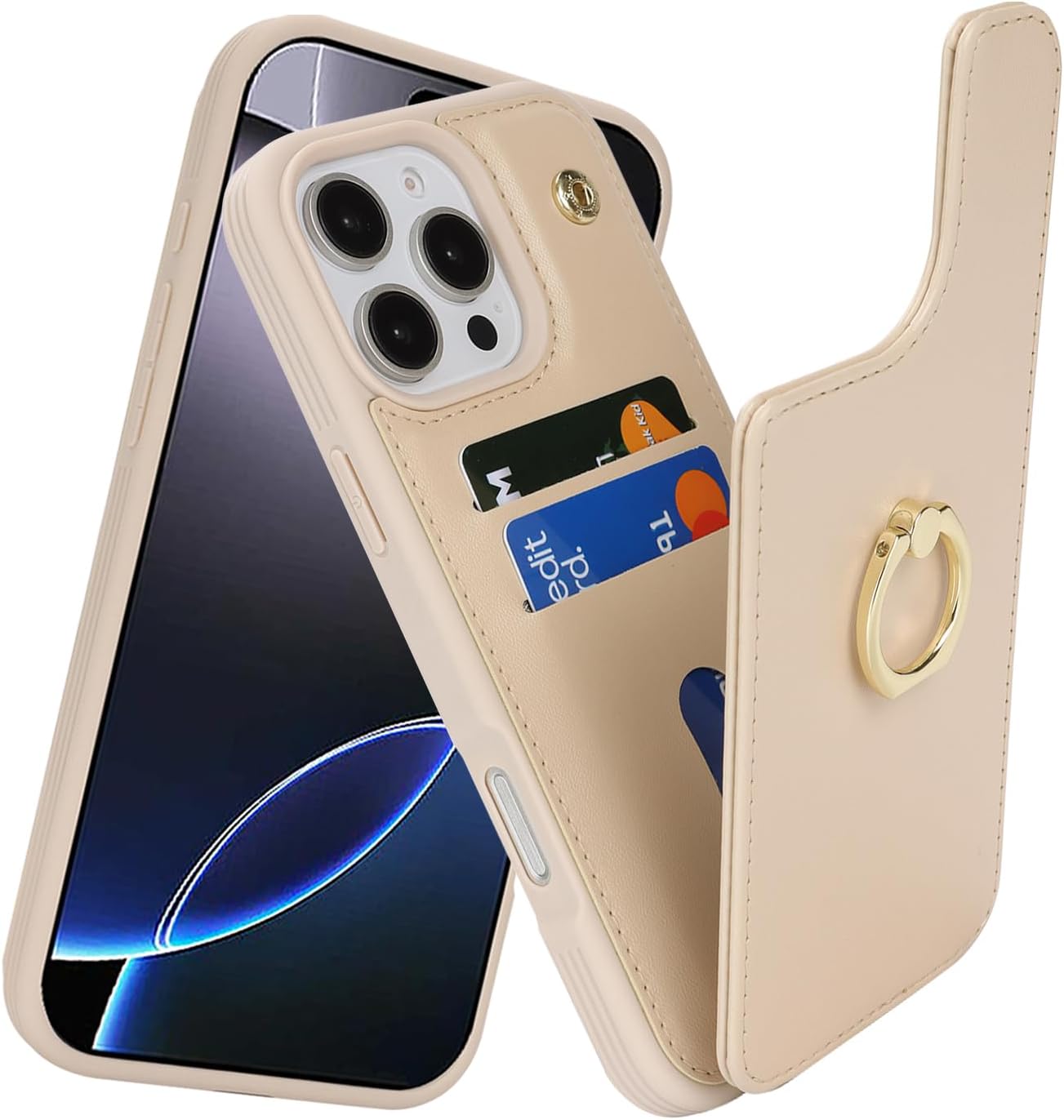 Lipvina for iPhone 16 Pro Max Case with Card Holder,Credit Card Holder,Ring Stand Kickstand,Flip Shockproof Phone Wallet Case for Women Men (6.9 inch,Beige)