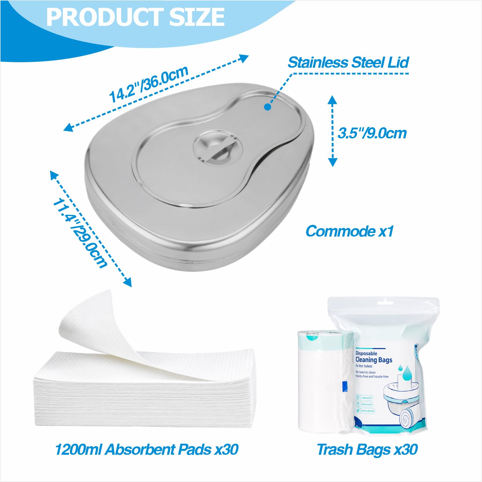 Edelstahl Bettpfannen-Set mit 40 Einwegeinlagen & 40 saugfähigen Pads, tägliche Hilfe für ältere Männer und Frauen, Heim & Pflegezentren (Edelstahl mit Deckel)