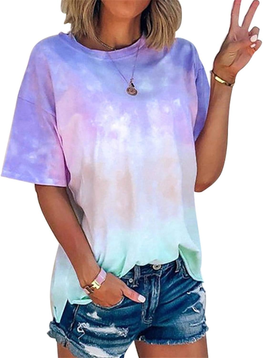NANYUAYA Womens Tie Dye Shirts Gradient Rainbow Top Summer Casual Loose Fit Short Sleeves Tee Tops