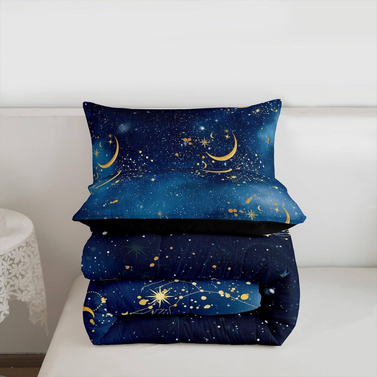 Gold Stars Moon Comforter Set Queen Size,Galaxy Constellation Bedding Set 3Pcs for Kids Girls Boys Adult Room Decor,Navy Blue Tie Dye Quilt Set Fantasy Luxurious Duvet Insert,2 Pillowcases