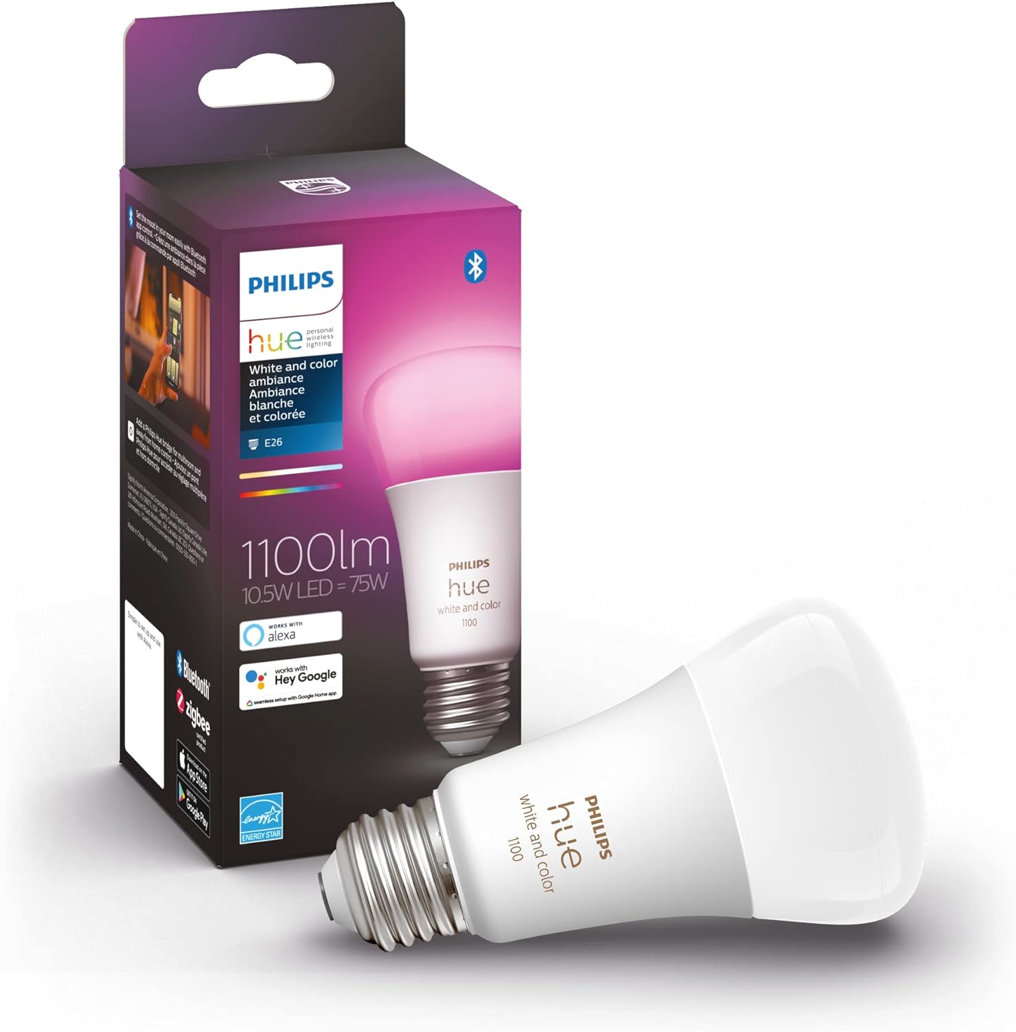 Philips Hue White and Colour Ambiance 10.5W Equivalent 75W A19 Base E26 LED Smart Bulb, Colour Changing, Bluetooth & Zigbee Compatible, Voice Activated with Alexa, Music Sync