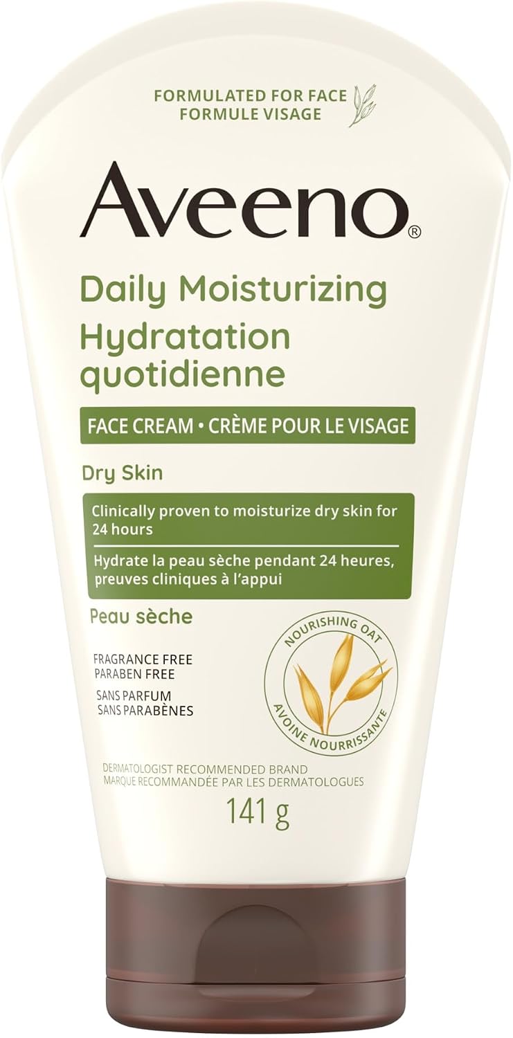 Crème hydratante quotidienne Aveeno pour le visage, Hydratant pour le visage et le cou, Peau sèche, Avoine non-OGM, Sans parabènes, Sans parfum, 141 grammes