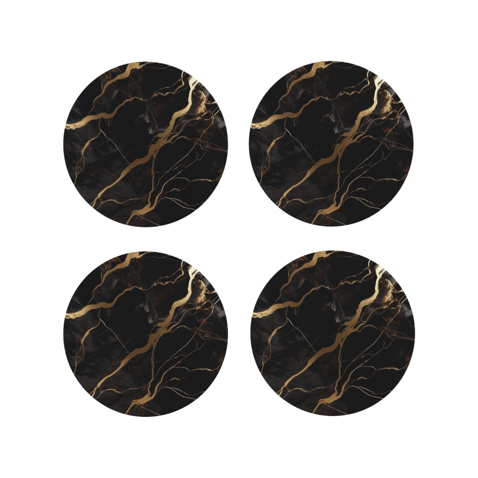4Pcs PU Leather Coaster for Drinks, Black Gold Marble Cup Coastersr 4" Cup Mat Pad, Aesthetic Drink Coasters for Coffee Table, Round Shape Coaster for Tabletop Protection