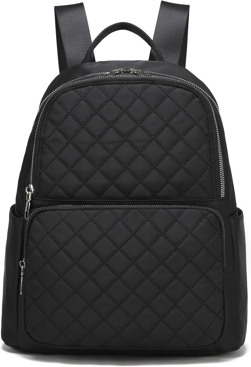 zhongningyifeng Women's Travel Backpack, Nylon Daypack with Silver Zippers, Black, Lightweight (Medium)