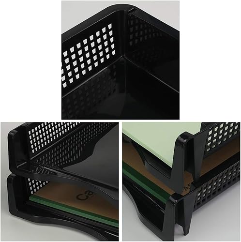 Miniatura 3 de Qskely Paquete de 6 bandejas de papel apilables de plástico negro, bandeja organizadora apilable para oficina, bandeja de escritorio