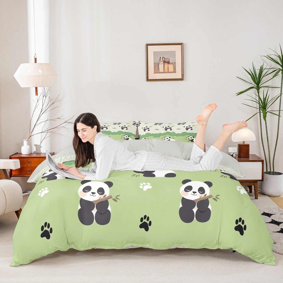 Castle Fairy Cute Pandas Bamboo Duvet Cover Set Twin Size,Kawaii Wildlife Animals Paw Bedding Set for Kid Teen Boys Girls Room Decor,Green Gradient Graffiti Quilt Cover with 1 Pillowcase(No Filler)