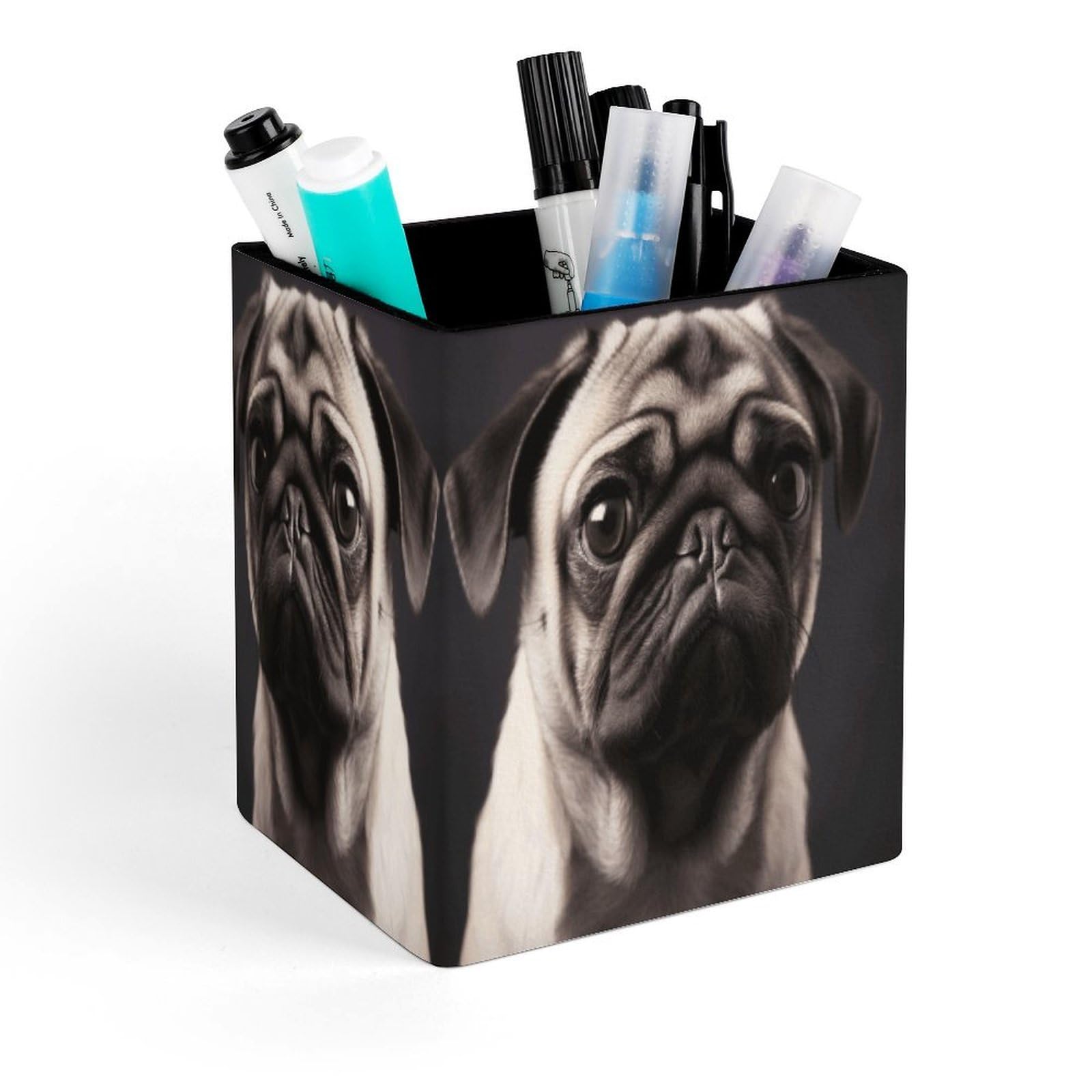 VstaDank Pug Pen Holder Square Pencil Holder Leather Pencil Cup Pen Organizer Makeup Brush Holders Pen Cups Desktop Stationery Organizer for Home Office Desk Organizers