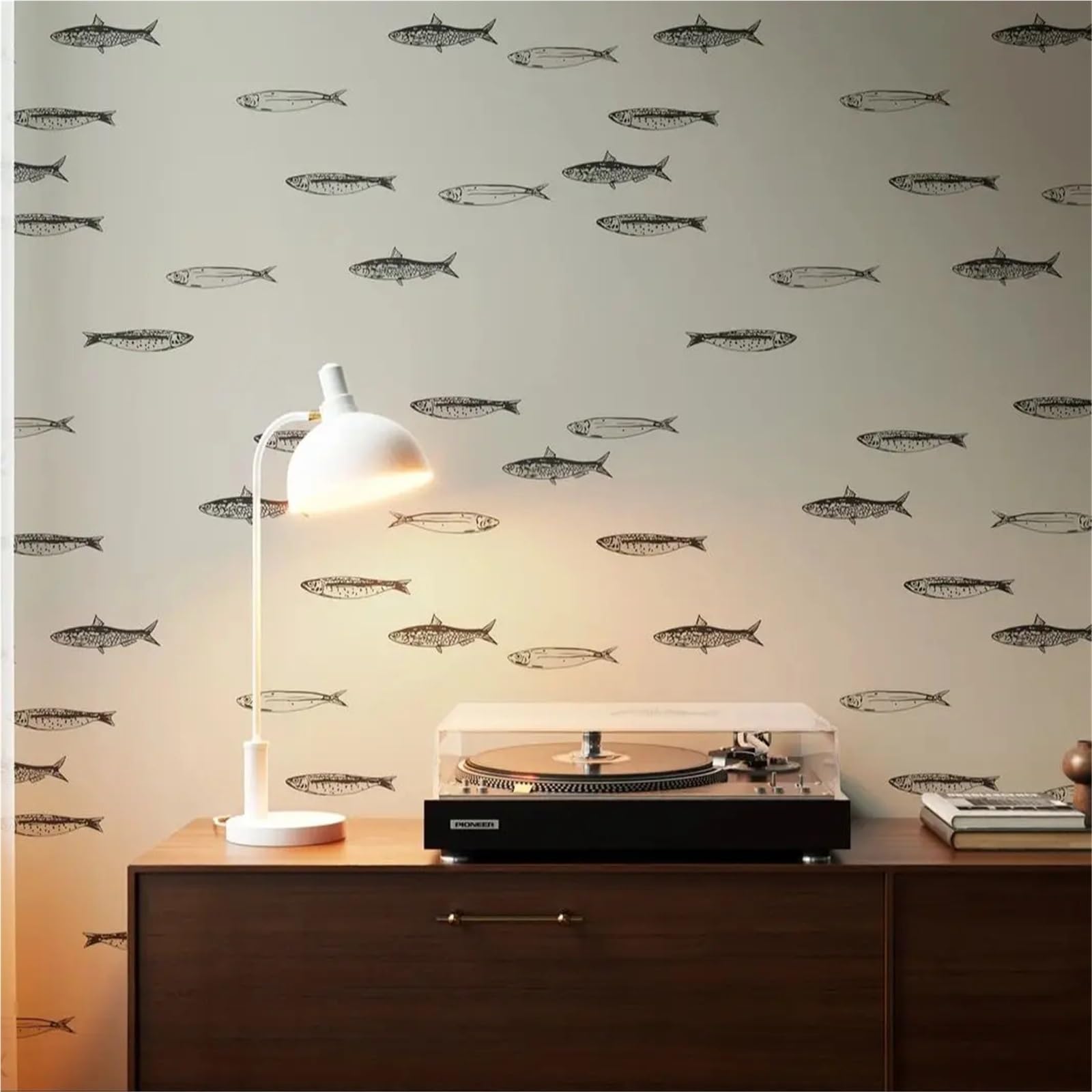 Luysgbxr Peel And Stick Fish Wallpaper Vintage Sardine Fish Wallpaper ,Black White Wall Mural For Kitchen,Coastal Nautical Panels(Peel And Stick)