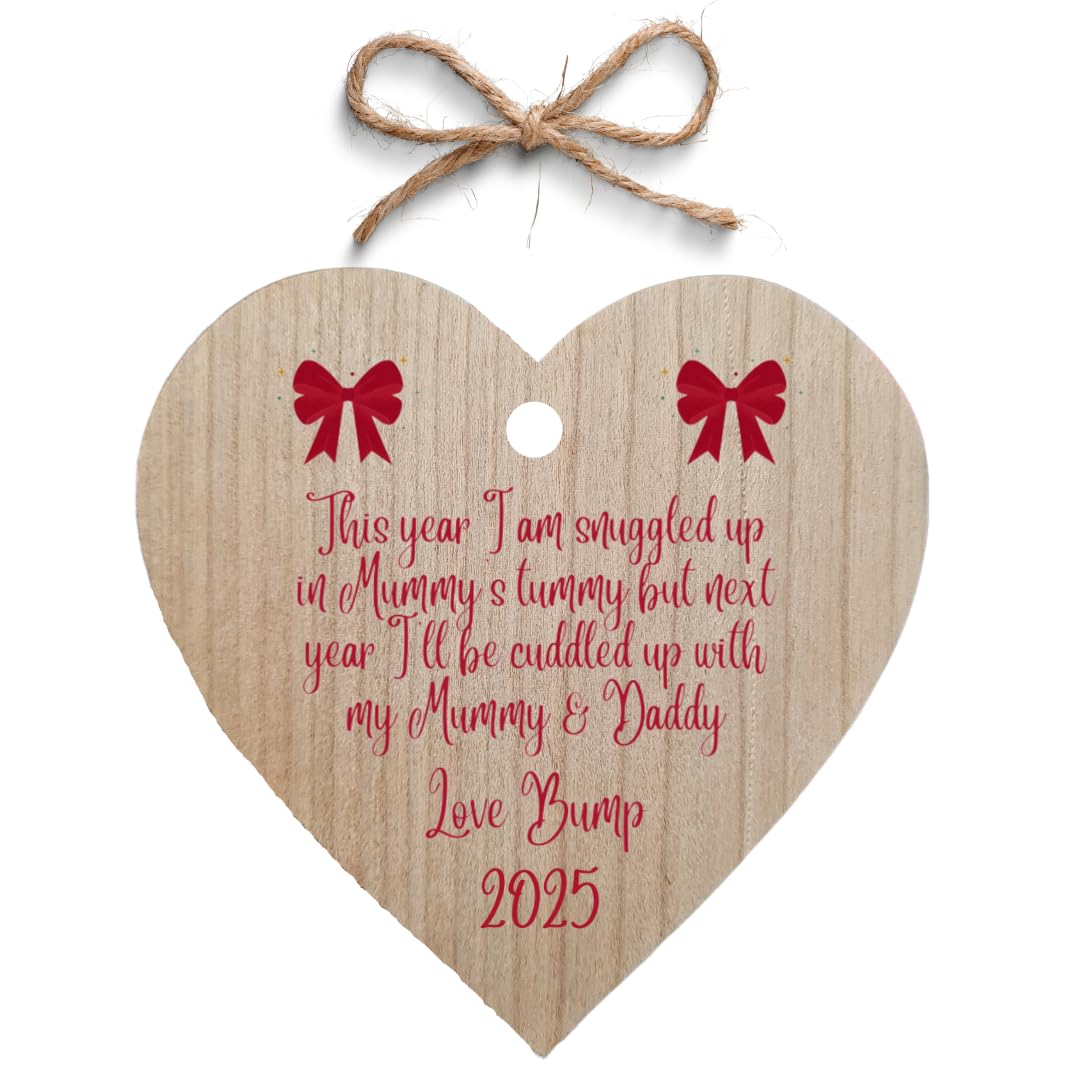 Second Ave Gift Company Reddish-Brown (Primary), Red And Green (Secondary) Second Ave Baby Bump Christmas Cherry Wood Hanging Heart Christmas Xmas Tree Decoration Bauble