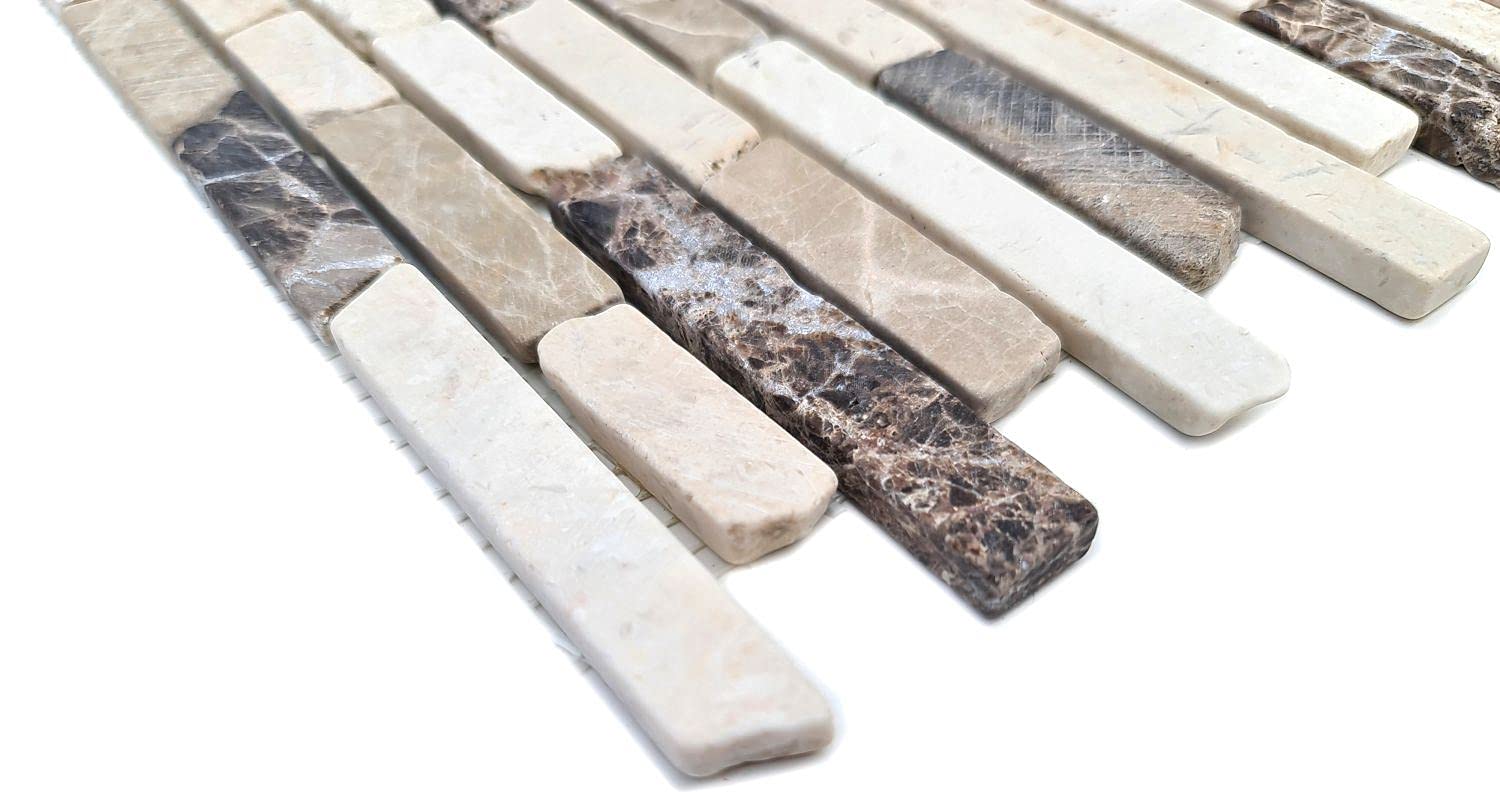 Mosaik Fliese Marmor Naturstein beige braun Brick Castanao Biancone MOS40-0195_f