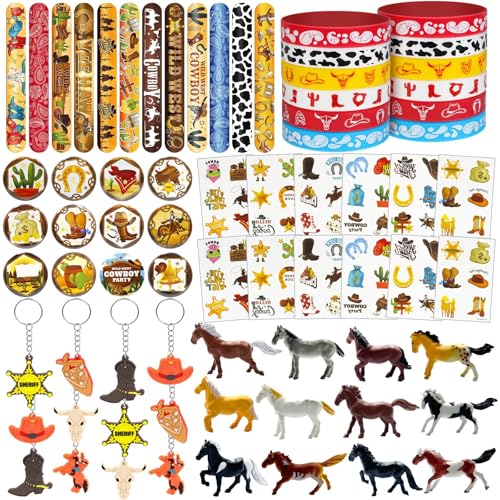 BOIKOKY Lot de 72 cadeaux de fête de cowboy occidental pour enfants, cadeaux de fête rodéo avec jouets miniatures de cheval, bracelets, porte-clés, tatouages, décorations d'anniversaire sauvages