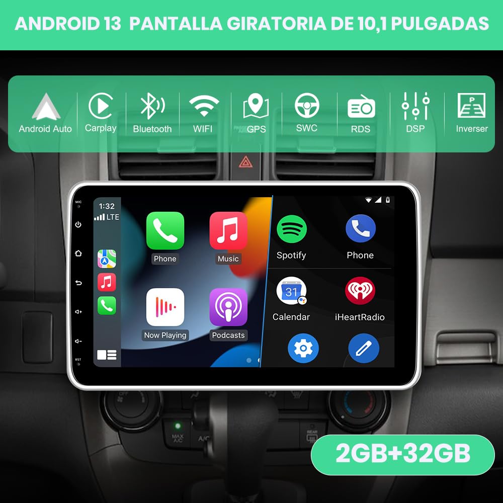 Android 13 2GB+32GB 1 DIN Radio Coche Universal con Pantalla Táctil y Giratoria de 10 Pulgadas, con CarPlay/AndroidAuto/Mirror Link, WiFi/GPS/Bluetooth/RDS/USB/FM/Mandos del Volante