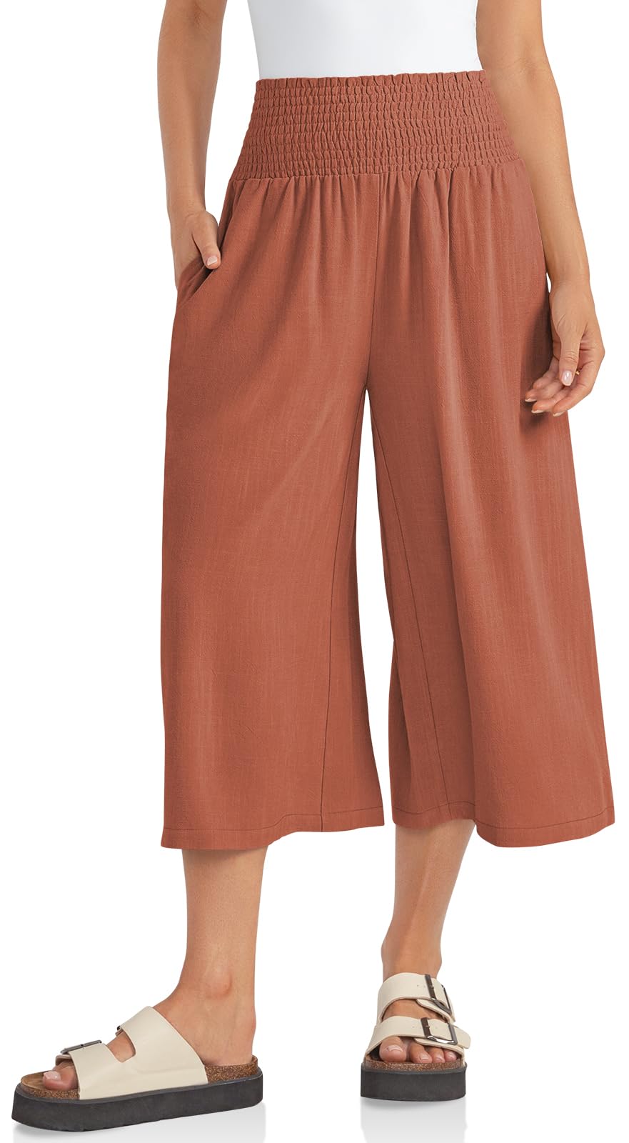TARSE Womens Linen Palazzo Capri Pants Boho Summer Smocked High Waist Wide Leg Casual Loose Trousers with Pockets