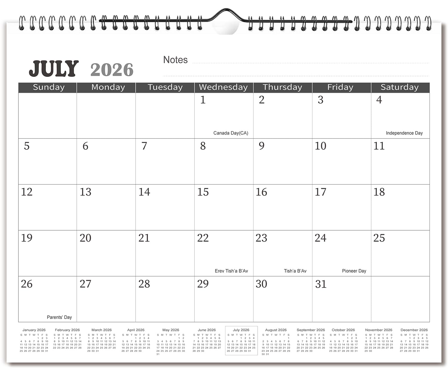 Calendario 2025, calendario de pared de 18 meses de enero de 2025 a junio de 2026, calendario grande (11.5 x 14.5 pulgadas), calendario de pared 2025 con notas y calendario anual, color negro