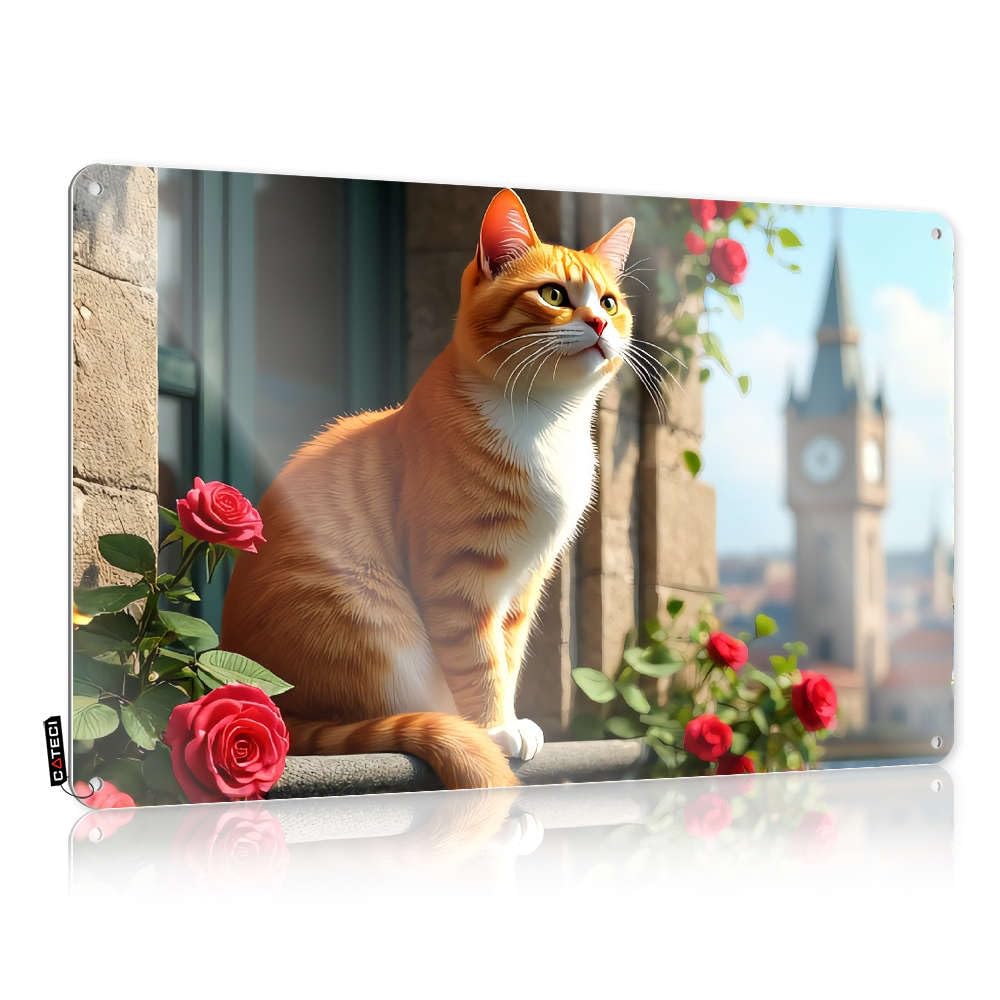 A Ginger Cat Sits On A Balcony Adorned With Red Roses, Overlooking A Cityscape. Vintage Wall Art Decore Decorative | Classic Best Man Gift Hanging Art For Tavern Living Room(20X30CM)