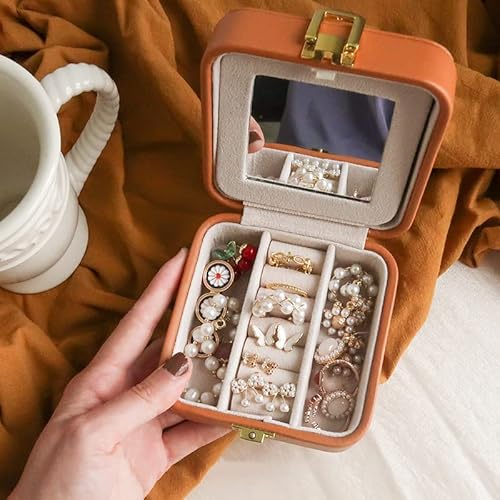Yihao Small Jewelry Box, Women Travel Case Organizer Boxes Bulk Storage Holder, Portable Mini Jewelry Box Built-In Makeup Mirror For Necklace, Bracelet, Earring, ​Ring,Brown #TOP5
