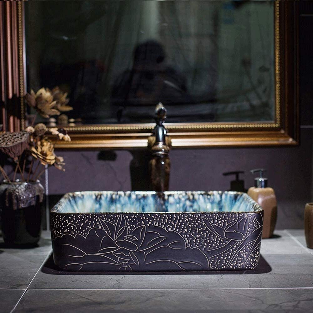 Szafka Pod Umywalkę Z Umywalką, Umywalka Nablatowa, Prostokątna Ceramiczna Umywalka Nablatowa Łazienkowa 17-Calowa Artystyczna Porcelanowa Miska Nablatowa